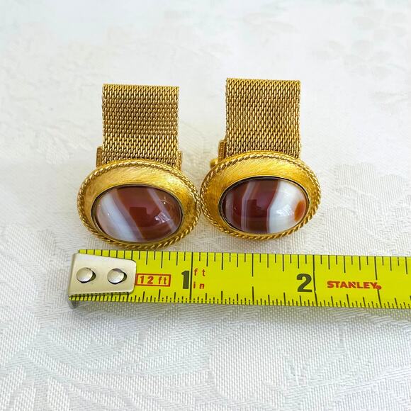 Vintage 70s DANTE Oval Banded Agate Cufflinks Cabochon Gold Tone Cuff Links - Picture 5 of 9